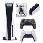 کنسول بازی سونی مدل PlayStation 5 ظرفیت 825 گیگابایت ریجن 1218 آسیا به همراه دسته اضافی و پایه شارژر و بازی FIFA 23