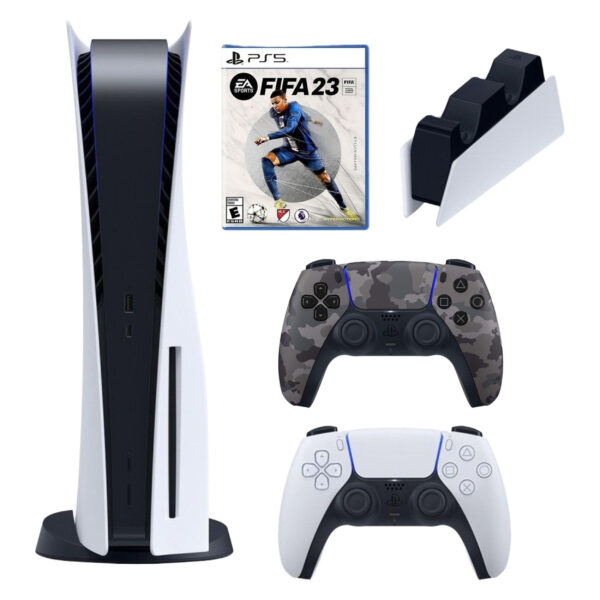 کنسول بازی سونی مدل PlayStation 5 ظرفیت 825 گیگابایت ریجن 1218 آسیا به همراه دسته اضافی و پایه شارژر و بازی FIFA 23