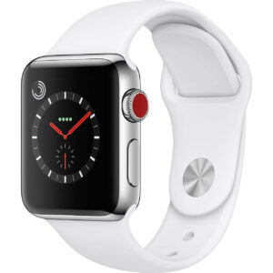 خرید و قیمت | ساعت هوشمند اپل واچ سری 3 سلولار مدل 38mm Stainless Steel Case with Soft White Sport Silicon Band