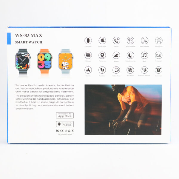 خرید و قیمت | ساعت هوشمند دبلیو اِس مدل WS-83 MAX دارای قابلیت های صفحه نمایش رنگی، صفحه نمایش لمسی، کنترل موسیقی (Music Player)، کنترل سطح اکسیژن خون، قابلیت مکالمه مستقیم، قابلیت تغییر طرح ساعت یا تم بند سیلیکون