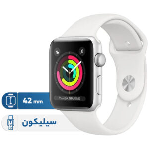 خرید و قیمت | ساعت هوشمند اپل مدل 42mm Aluminum Case with White Sport Silicon Band دارای قابلیت های کنترل موسیقی (Music Player)، کنترل سطح اکسیژن خون، قابلیت تغییر طرح ساعت یا تم بند لاستیک