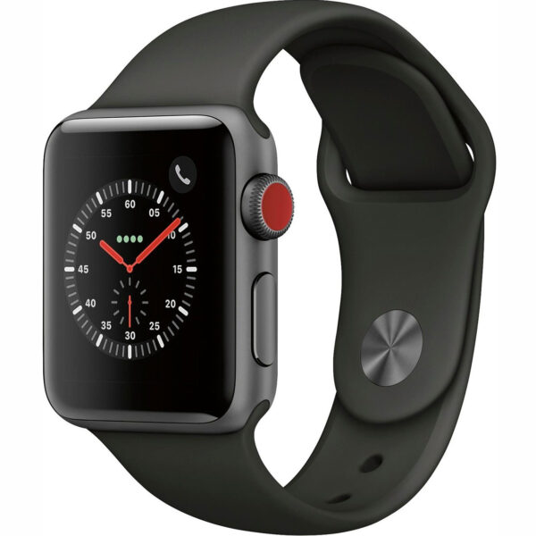 خرید و قیمت | ساعت هوشمند اپل واچ سری 3 سلولار مدل 38mm Stainless Steel Case with Black Sport Silicon Band