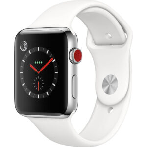 خرید و قیمت | ساعت هوشمند اپل واچ سری 3 سلولار مدل 42mm Stainless Steel Case with Soft White Sport Silicon Band