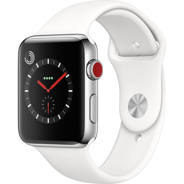 خرید و قیمت | ساعت هوشمند اپل واچ سری 3 سلولار مدل 42mm Stainless Steel Case with Soft White Sport Silicon Band