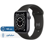 خرید و قیمت | ساعت هوشمند اپل واچ سری 6 مدل 44mm Aluminum Case with Sport silicone Band، صفحه نمایش لمسی 1.78 اینچ با Retina LTPO OLED، سازگار با iPhone 6S به بالا و IOS 14 به بالا، قابلیت مکالمه از طریق بلوتوث، شمارنده ضربان قلب، شتاب‌سنج، گام‌شمار، باتری لیتیوم یونی