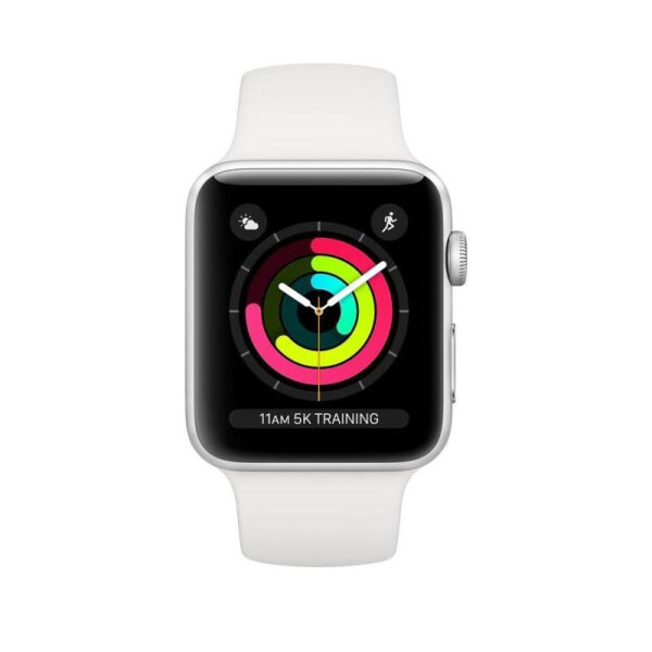 خرید و قیمت | ساعت هوشمند اپل مدل 42mm Aluminum Case with White Sport Silicon Band دارای قابلیت های کنترل موسیقی (Music Player)، کنترل سطح اکسیژن خون، قابلیت تغییر طرح ساعت یا تم بند لاستیک