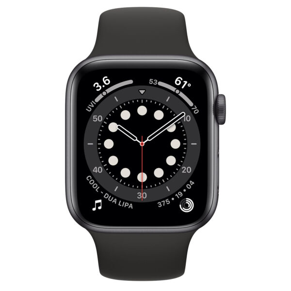 خرید و قیمت | ساعت هوشمند اپل واچ سری 6 مدل 44mm Aluminum Case with Sport silicone Band، صفحه نمایش لمسی 1.78 اینچ با Retina LTPO OLED، سازگار با iPhone 6S به بالا و IOS 14 به بالا، قابلیت مکالمه از طریق بلوتوث، شمارنده ضربان قلب، شتاب‌سنج، گام‌شمار، باتری لیتیوم یونی